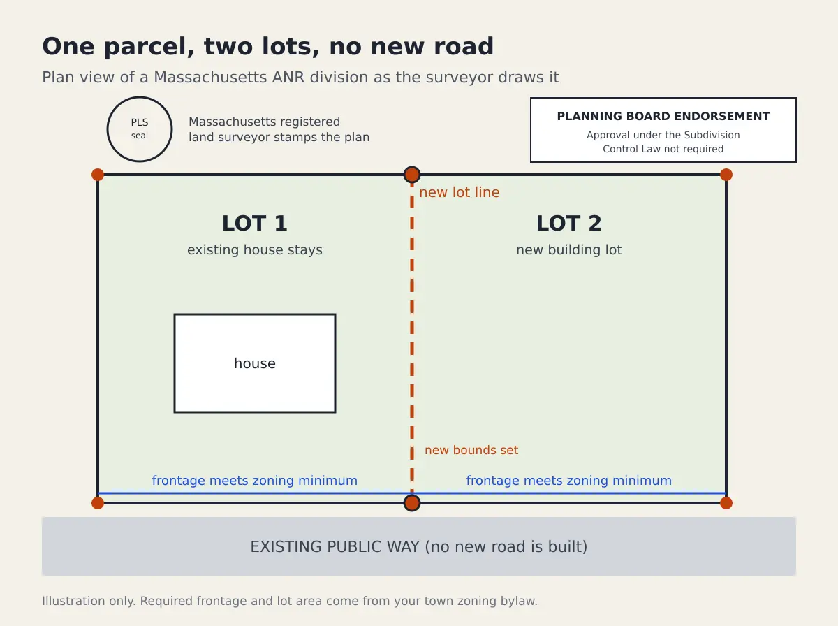 Plan view diagram of a Massachusetts parcel divided into Lot 1 with the existing house and a new Lot 2, both with frontage on an existing public way, new bounds set at the new lot line, a planning board endorsement block and the surveyor seal
