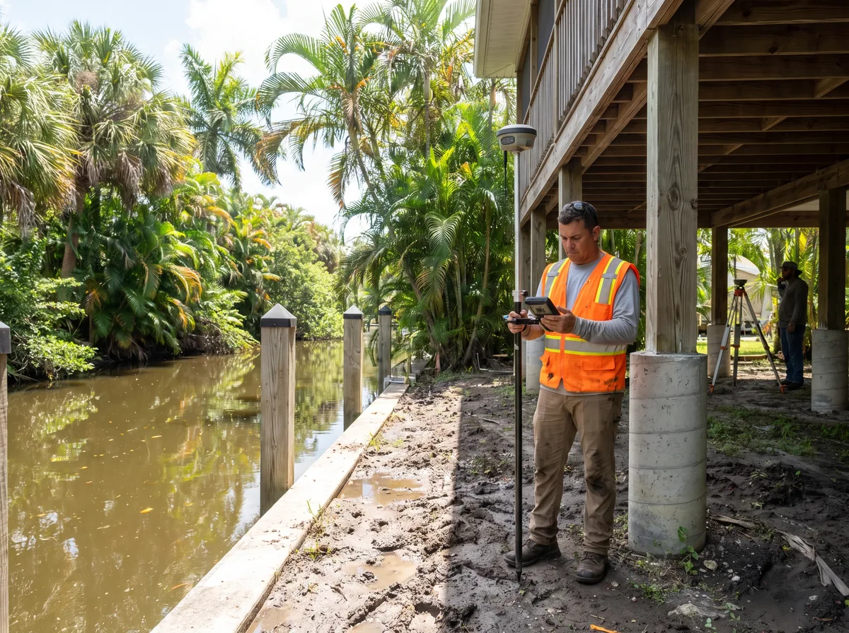 Florida land surveyor measuring the lowest floor and grade of a raised canal-front home for an elevation certificate