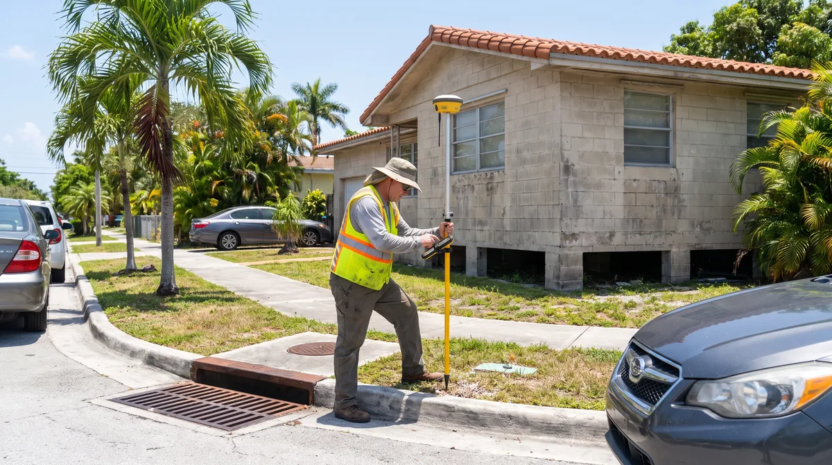 Surveyor measuring grade and floor elevations at a raised Miami-Dade home for an elevation certificate
