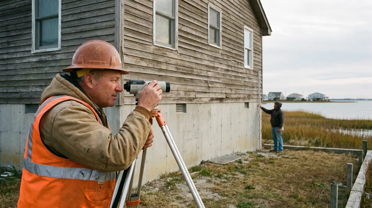Surveyor taking lowest floor and grade elevations on a raised house in a coastal New York City flood zone