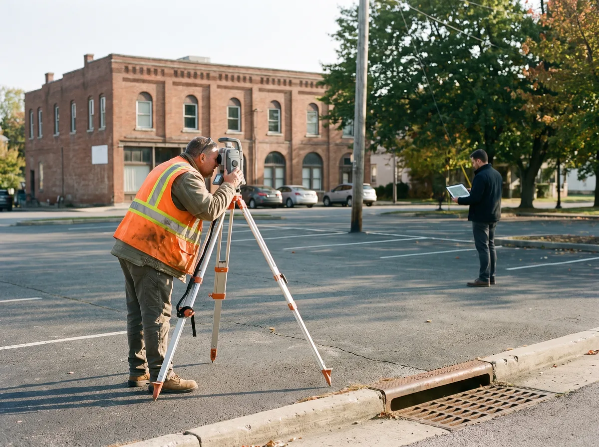 Land surveyor measuring an existing building, curbs, drainage and trees for an architect's existing conditions survey