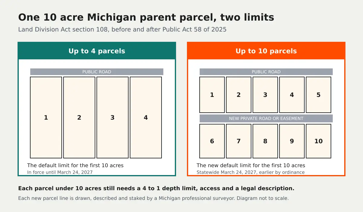 Diagram of a 10 acre Michigan parent parcel split into 4 parcels under the old limit and 10 parcels under Public Act 58 of 2025, with a new private road serving the second row