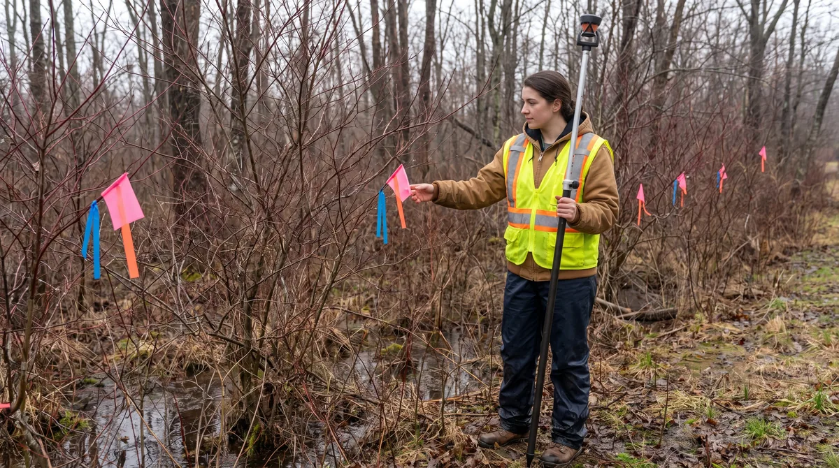 Surveyor locating numbered wetland boundary flags on a wooded New Jersey lot for an NJDEP line verification LOI