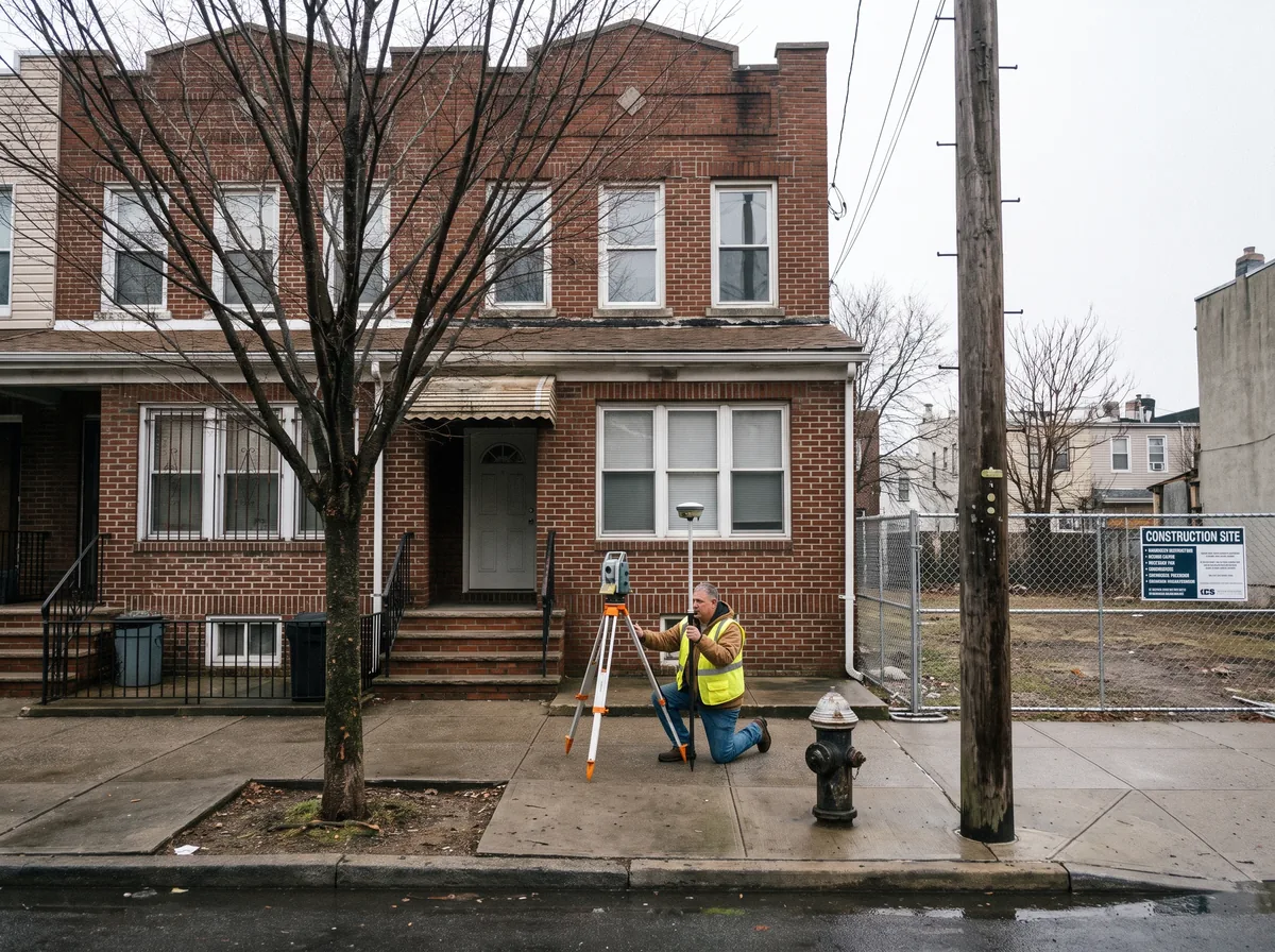 Land surveyor measuring a Queens lot and the curb in front of it for a DOB initial survey