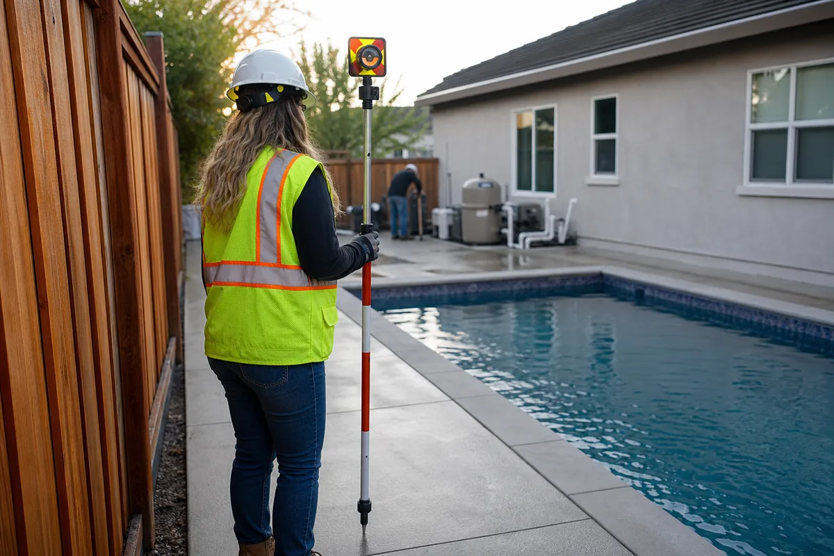 Surveyor holding a prism pole on the edge of a newly finished pool deck to locate it for the final pool survey