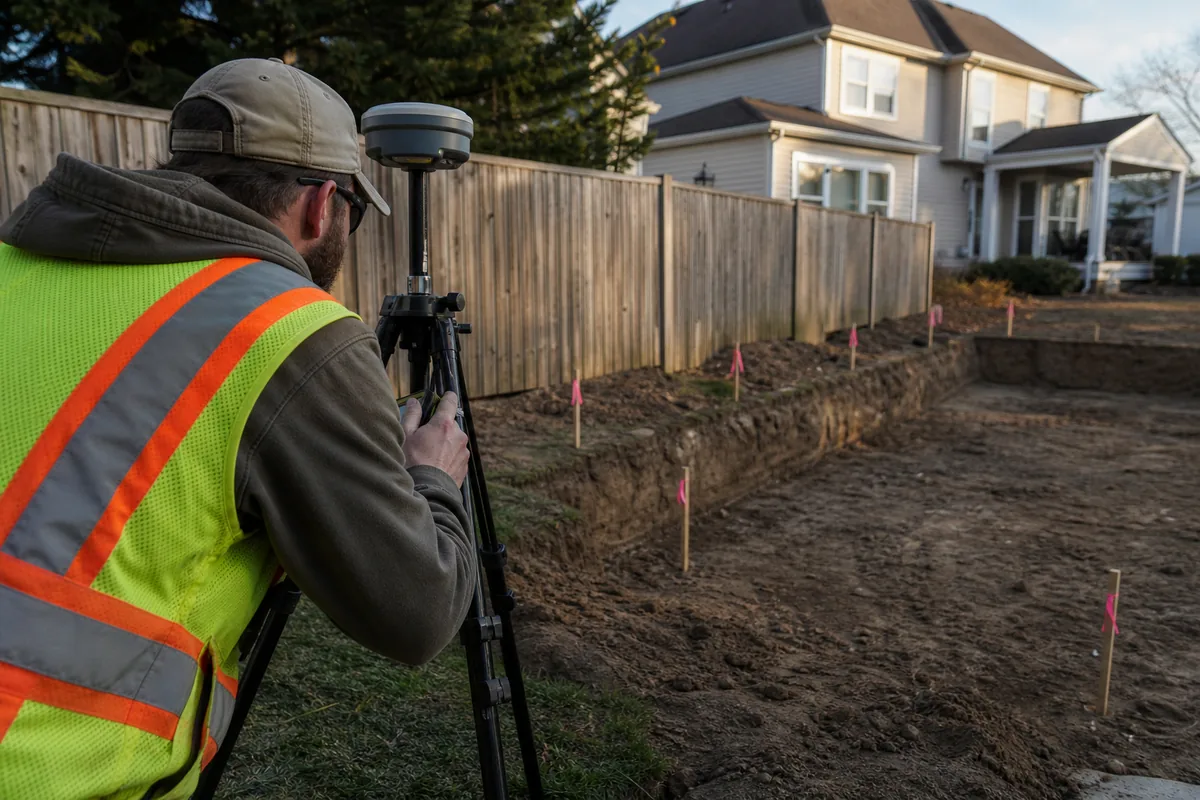 Land surveyor with a GNSS rover beside a staked in-ground pool excavation near the backyard property line fence