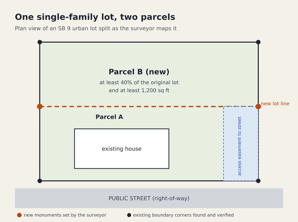 Plan view diagram of a single-family lot split into Parcel A with the existing house and a new Parcel B of at least 40 percent and 1,200 square feet, with an access easement to the street and new corner monuments