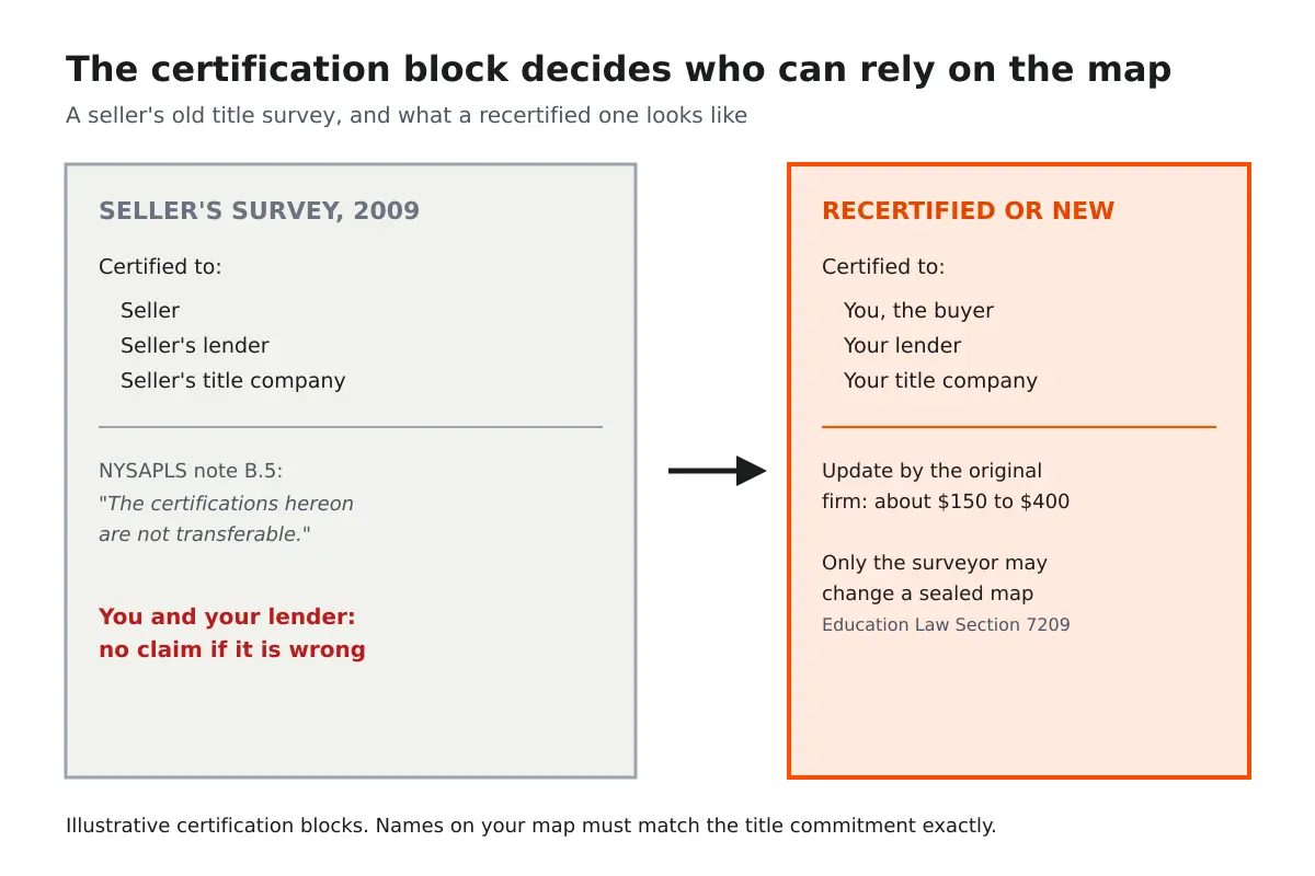 Diagram of a seller's old survey certification block next to a recertified block naming the buyer, the lender and the title company
