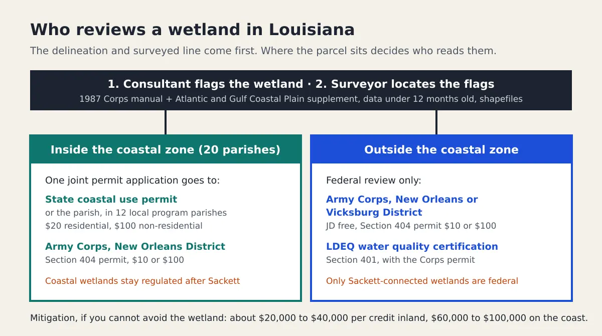 Diagram of the two Louisiana permit paths for work in a wetland: inside the 20-parish coastal zone a joint application goes to the state coastal use permit office and the Army Corps, outside it the Corps reviews alone with an LDEQ water quality certification
