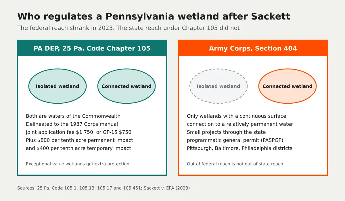 Diagram of who regulates a Pennsylvania wetland after Sackett: DEP under Chapter 105 regulates both isolated and connected wetlands, while the Army Corps under Section 404 regulates only wetlands with a continuous surface connection to a relatively permanent water